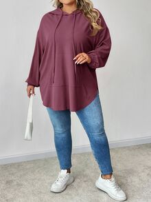 SHEIN CURVE+ 大码纯色连帽抽绳不对称下摆运动衫 - 紫色 - 查看 8