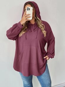 SHEIN CURVE+ 大码纯色连帽抽绳不对称下摆运动衫 - 紫色 - 查看 6