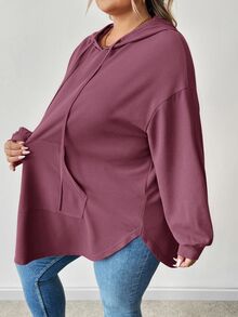 SHEIN CURVE+ 大码纯色连帽抽绳不对称下摆运动衫 - 紫色 - 查看 4