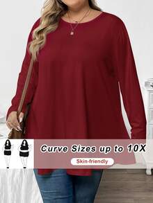 SHEIN CURVE+ 大码女式纯色圆领长袖休闲宽松T恤 - 酒紅色 - 查看 8