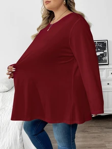 SHEIN CURVE+ 大码女式纯色圆领长袖休闲宽松T恤 - 酒紅色 - 查看 7