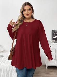 SHEIN CURVE+ 大码女式纯色圆领长袖休闲宽松T恤 - 酒紅色 - 查看 5