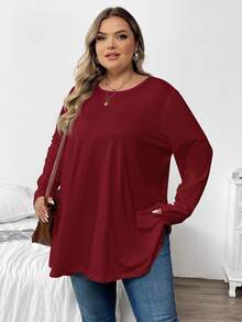 SHEIN CURVE+ 大码女式纯色圆领长袖休闲宽松T恤 - 酒紅色 - 查看 3