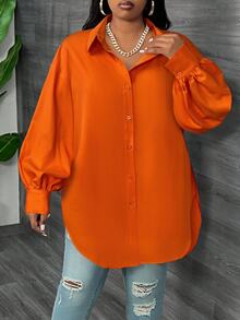 SHEIN CURVE+ Plus Size White Long Sleeve Lantern Sleeve Shirt, Spring,Fall - Orange - View 7