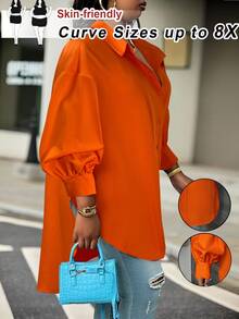 SHEIN CURVE+ Plus Size White Long Sleeve Lantern Sleeve Shirt, Spring,Fall - Orange - View 5