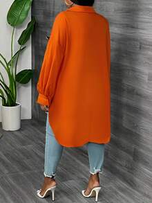 SHEIN CURVE+ Plus Size White Long Sleeve Lantern Sleeve Shirt, Spring,Fall - Orange - View 2