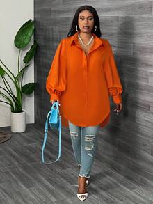 SHEIN CURVE+ Plus Size White Long Sleeve Lantern Sleeve Shirt, Spring,Fall - Orange - View 6