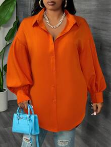 SHEIN CURVE+ Plus Size White Long Sleeve Lantern Sleeve Shirt, Spring,Fall - Orange - View 4