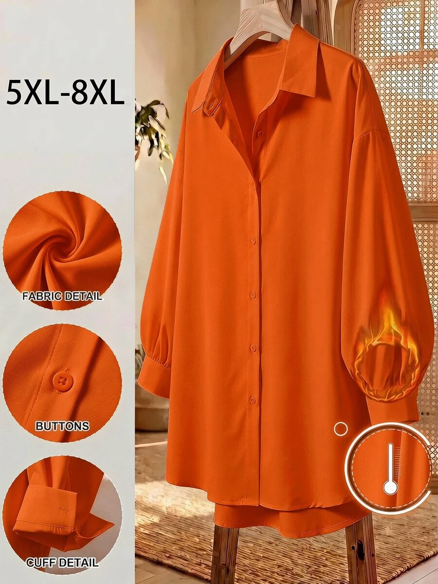 SHEIN CURVE+ Plus Size White Long Sleeve Lantern Sleeve Shirt, Spring,Fall - Orange - View 1