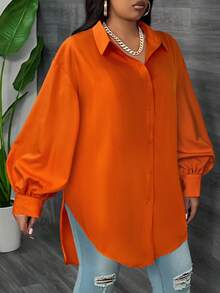SHEIN CURVE+ Plus Size White Long Sleeve Lantern Sleeve Shirt, Spring,Fall - Orange - View 3