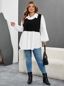 SHEIN CURVE+ 大码休闲拼色灯笼袖二合一衬衫女秋装，冬季，CURVE PLUS - 黑與白 - 查看 7