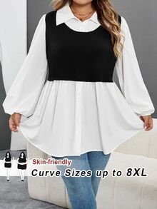 SHEIN CURVE+ 大码休闲拼色灯笼袖二合一衬衫女秋装，冬季，CURVE PLUS - 黑與白 - 查看 4