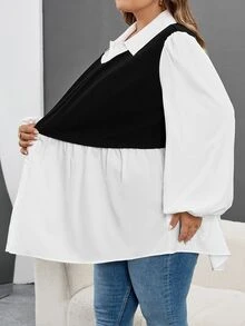 SHEIN CURVE+ 大码休闲拼色灯笼袖二合一衬衫女秋装，冬季，CURVE PLUS - 黑與白 - 查看 3
