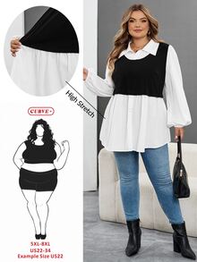 SHEIN CURVE+ 大码休闲拼色灯笼袖二合一衬衫女秋装，冬季，CURVE PLUS - 黑與白 - 查看 10