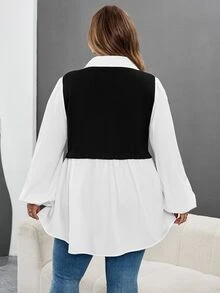 SHEIN CURVE+ 大码休闲拼色灯笼袖二合一衬衫女秋装，冬季，CURVE PLUS - 黑與白 - 查看 2