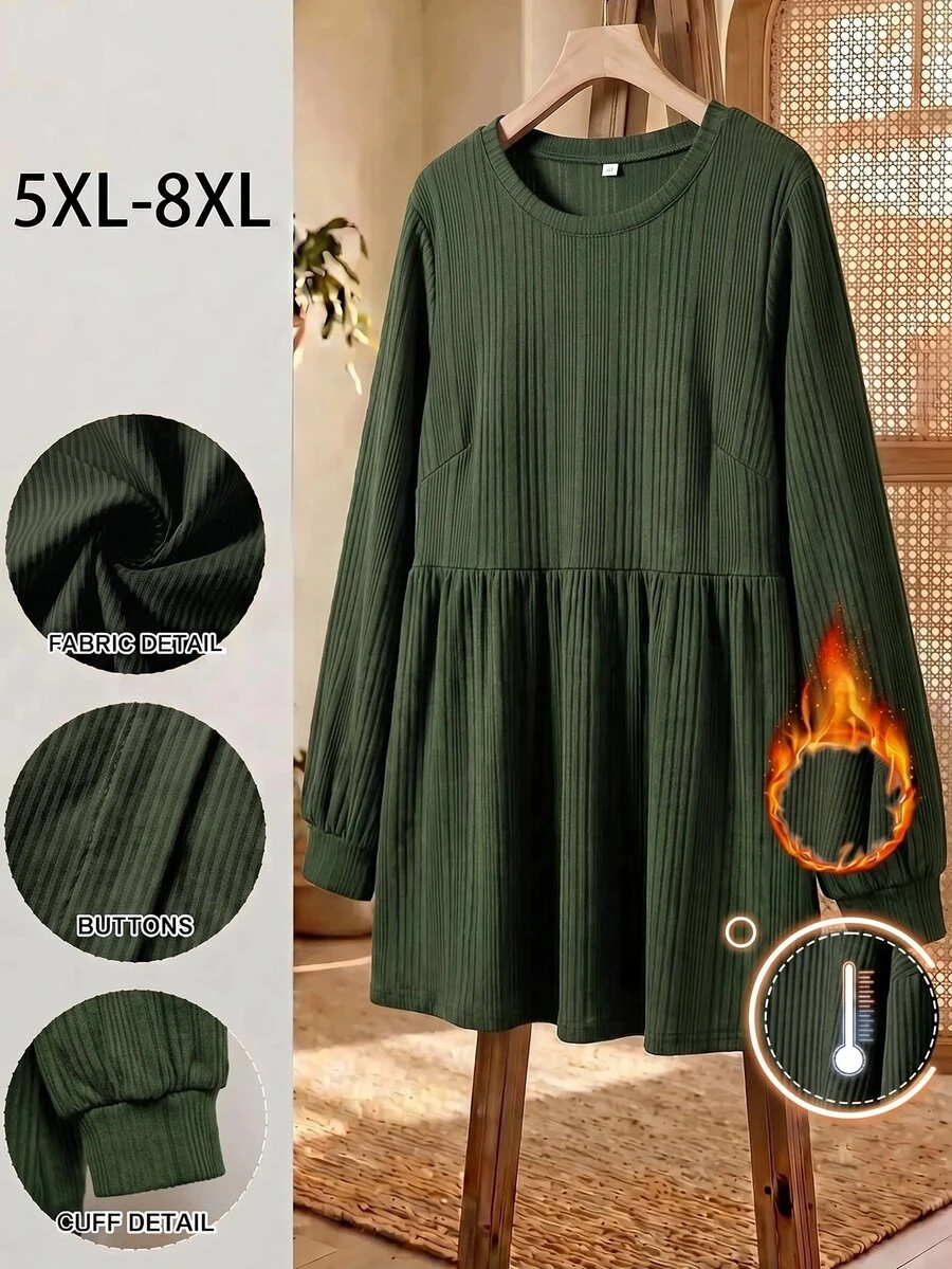 SHEIN CURVE+ Plus Size Women Casual Ribbed Ruffle Hem T-Shirt, Autumn/Winter/Autumn /Winter Fall - Green - View 1