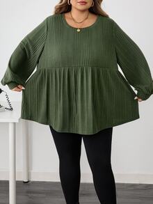 SHEIN CURVE+ Plus Size Women Casual Ribbed Ruffle Hem T-Shirt, Autumn/Winter/Autumn /Winter Fall - Green - View 8