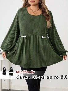 SHEIN CURVE+ Plus Size Women Casual Ribbed Ruffle Hem T-Shirt, Autumn/Winter/Autumn /Winter Fall - Green - View 1