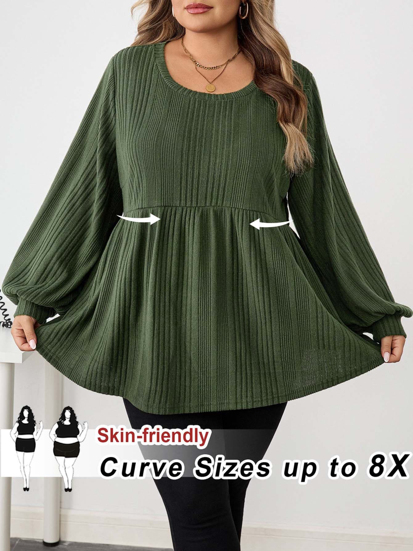 SHEIN CURVE+ Plus Size Women Casual Ribbed Ruffle Hem T-Shirt, Autumn/Winter/Autumn /Winter Fall - Green - View 1