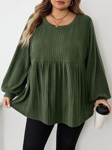 SHEIN CURVE+ Plus Size Women Casual Ribbed Ruffle Hem T-Shirt, Autumn/Winter/Autumn /Winter Fall - Green - View 6