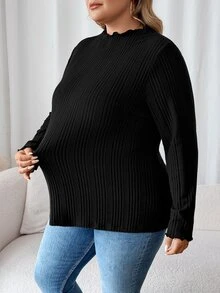 SHEIN CURVE+ Plus Size Women Black High Neck Long Sleeve T-Shirt, Autumn Base Layer Top Fall - Black - View 6