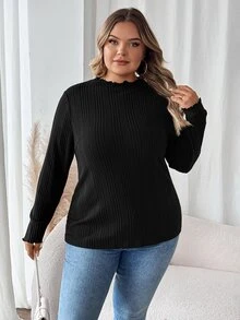 SHEIN CURVE+ Plus Size Women Black High Neck Long Sleeve T-Shirt, Autumn Base Layer Top Fall - Black - View 5
