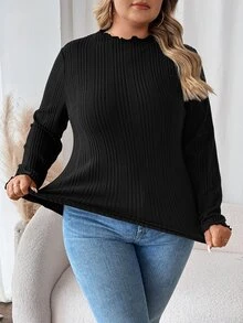 SHEIN CURVE+ Plus Size Women Black High Neck Long Sleeve T-Shirt, Autumn Base Layer Top Fall - Black - View 1