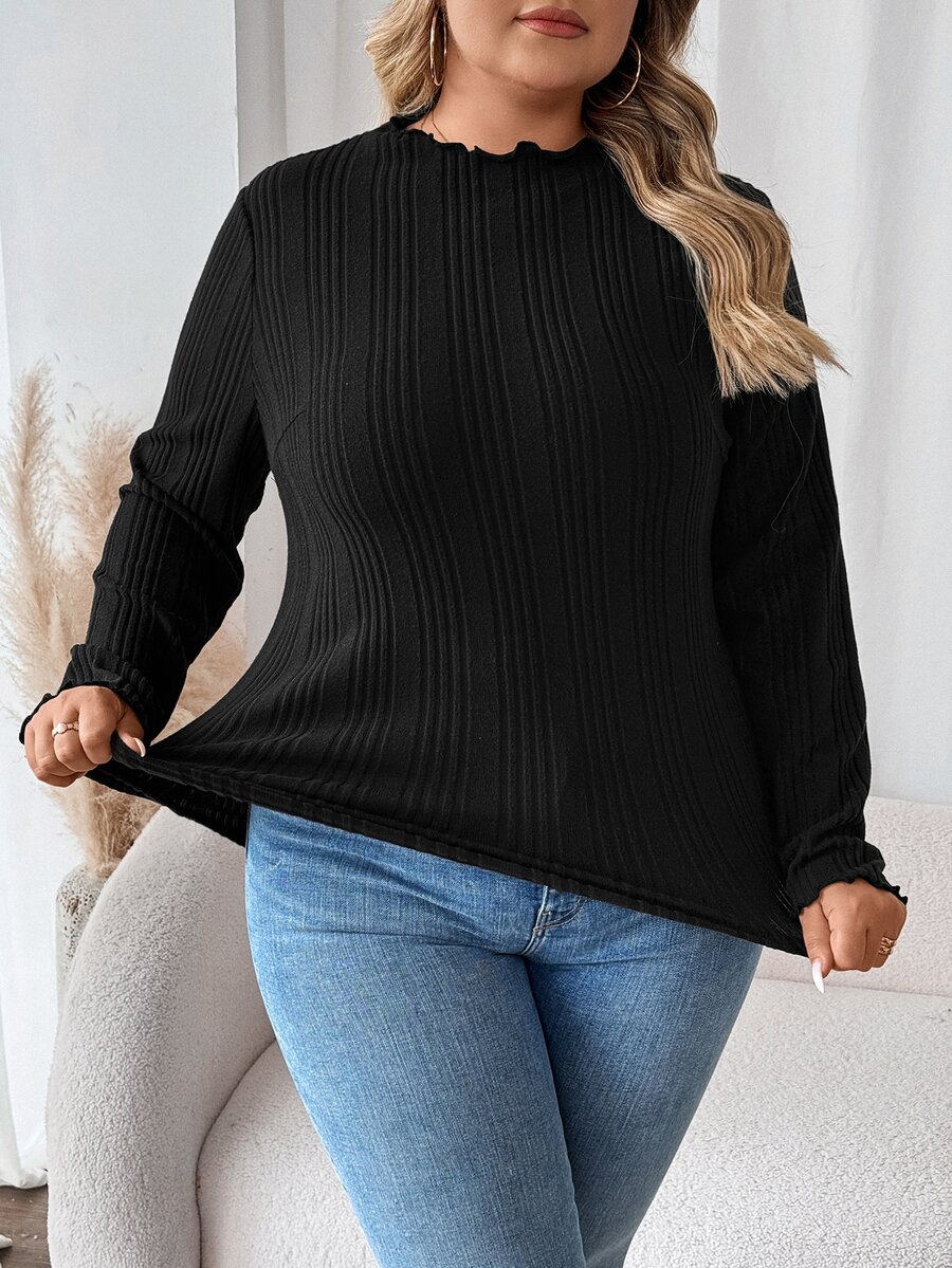 SHEIN CURVE+ Plus Size Women Black High Neck Long Sleeve T-Shirt, Autumn Base Layer Top Fall - Black - View 1
