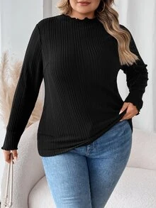 SHEIN CURVE+ Plus Size Women Black High Neck Long Sleeve T-Shirt, Autumn Base Layer Top Fall - Black - View 3