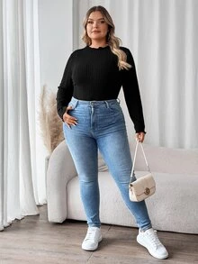 SHEIN CURVE+ Plus Size Women Black High Neck Long Sleeve T-Shirt, Autumn Base Layer Top Fall - Black - View 8