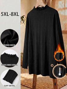 SHEIN CURVE+ Plus Size Women Black High Neck Long Sleeve T-Shirt, Autumn Base Layer Top Fall - Black - View 4