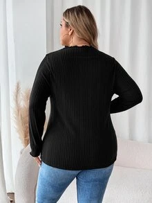 SHEIN CURVE+ Plus Size Women Black High Neck Long Sleeve T-Shirt, Autumn Base Layer Top Fall - Black - View 2