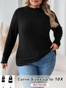 SHEIN CURVE+ Plus Size Women Black High Neck Long Sleeve T-Shirt, Autumn Base Layer Top Fall - Black - View 7