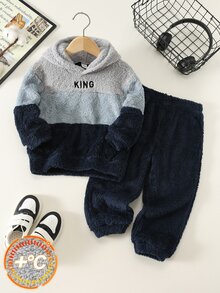 SHEIN 兒童 2件組 小男孩秋冬款可愛柔軟毛絨拼接連帽衛衣與鬆緊腰慢跑長褲套裝，適合秋冬穿著 - 藍色 - 查看 3