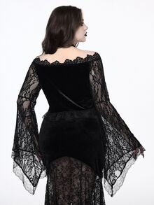 ROMWE Goth 哥特式露肩蕾丝喇叭袖天鹅绒修身加大码女式上衣 - 黑色 - 查看 3