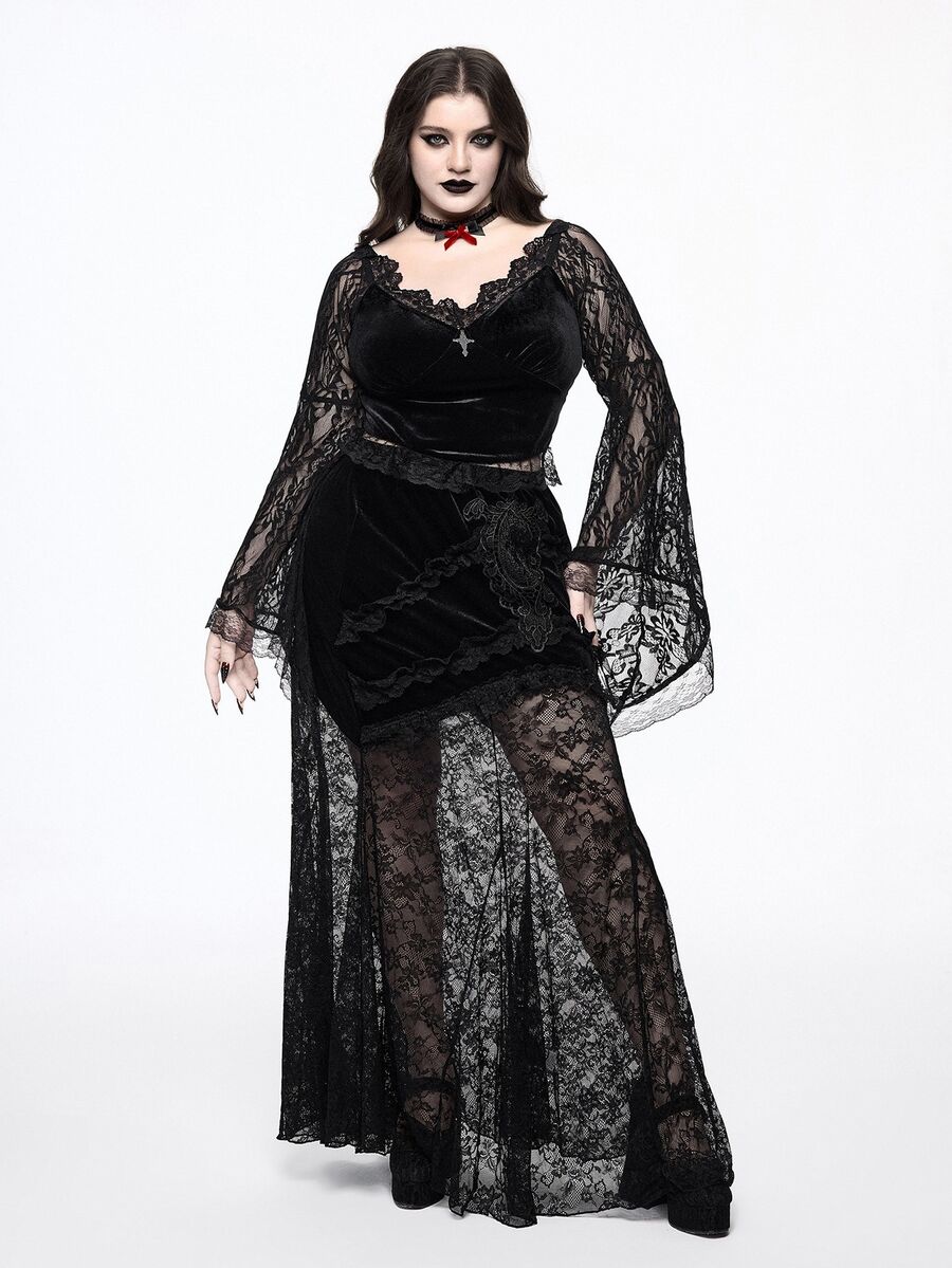 ROMWE Gothic Style Off Shoulder Lace Flare Sleeve Velvet Fitted Plus Size Women Top Valentine's Day Winter - Black - View 1