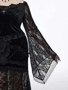 ROMWE Goth 哥特式露肩蕾丝喇叭袖天鹅绒修身加大码女式上衣 - 黑色 - 查看 5
