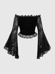 ROMWE Goth 哥特式露肩蕾丝喇叭袖天鹅绒修身加大码女式上衣 - 黑色 - 查看 7