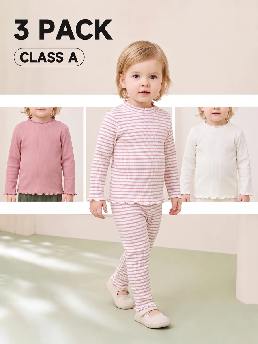 SHEIN Vintaside Kids 3件組女嬰長袖上衣 甜美公主風 粉色與白色 羅紋條紋 荷葉邊領口 假領 常規版 生日派對 秋季 芭蕾風 舒適保暖 - 彩色 - 查看 1