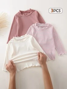 SHEIN Vintaside Kids 3件組女嬰長袖上衣 甜美公主風 粉色與白色 羅紋條紋 荷葉邊領口 假領 常規版 生日派對 秋季 芭蕾風 舒適保暖 - 彩色 - 查看 3