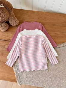 SHEIN Vintaside Kids 3件組女嬰長袖上衣 甜美公主風 粉色與白色 羅紋條紋 荷葉邊領口 假領 常規版 生日派對 秋季 芭蕾風 舒適保暖 - 彩色 - 查看 2