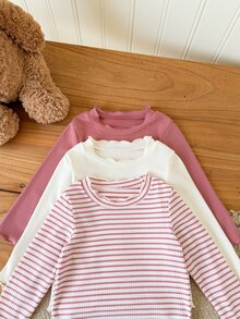 SHEIN Vintaside Kids 3件組女嬰長袖上衣 甜美公主風 粉色與白色 羅紋條紋 荷葉邊領口 假領 常規版 生日派對 秋季 芭蕾風 舒適保暖 - 彩色 - 查看 7