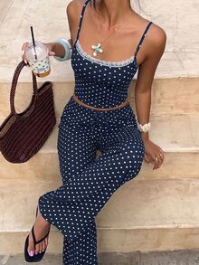 Aloruh Women's Casual Home Striped Camisole & Long Pants Set - Navy Blue - View 1