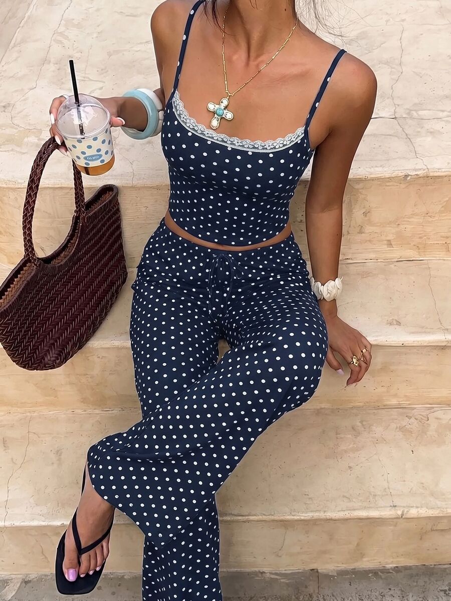 Aloruh Women's Casual Home Striped Camisole & Long Pants Set - Navy Blue - View 1