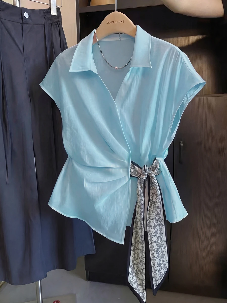 Franclia Plus Size White Batwing Sleeve Short Sleeve Blouse With Tie