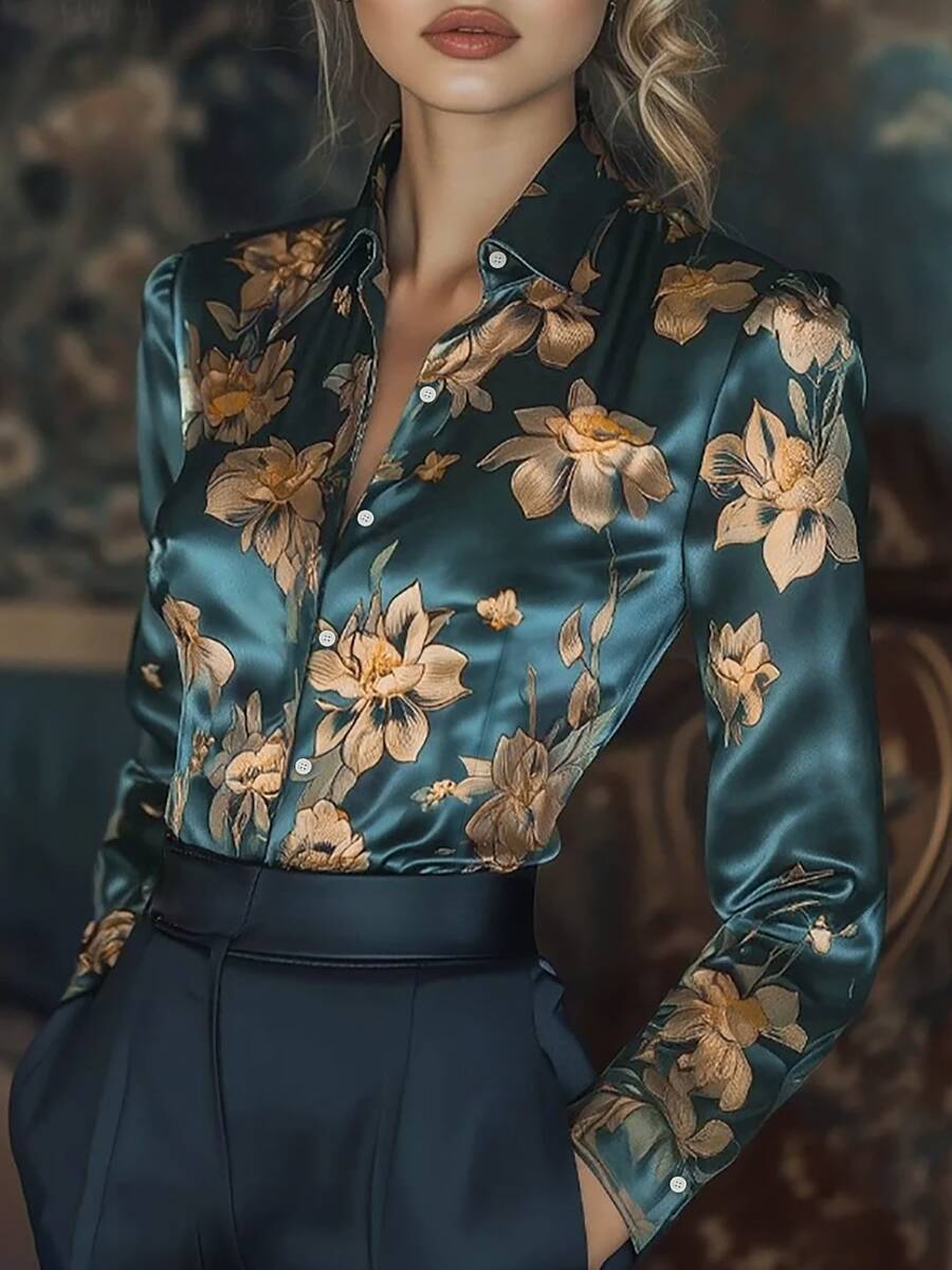 RosyDaze قميص نسائي مطبوع بأكمام طويلة من الساتان، مناسب للعطلات أو العمل أو الارتداء اليومي. - متعدد الألوان - مشاهدة 1