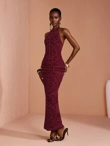 JIAN LASALA Mesh Halter Neck Backless Sleeveless Bodycon Women Long Dress - Red - View 3