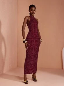 JIAN LASALA Mesh Halter Neck Backless Sleeveless Bodycon Women Long Dress - Red - View 6