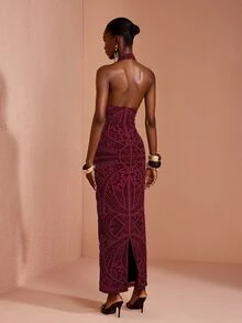 JIAN LASALA Mesh Halter Neck Backless Sleeveless Bodycon Women Long Dress - Red - View 2