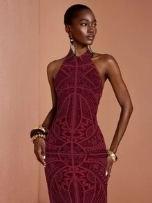JIAN LASALA Mesh Halter Neck Backless Sleeveless Bodycon Women Long Dress - Red - View 5